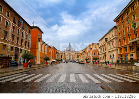 Vatican City, the world's smallest state in Rome, Italy. View from the street in front of St. Peter's Basilica, a World Heritage Site Vatican City, the world's smallest state in Rome, Italy. View from the street in front of St. Peter's Basilica, a World Heritage Site 119118286