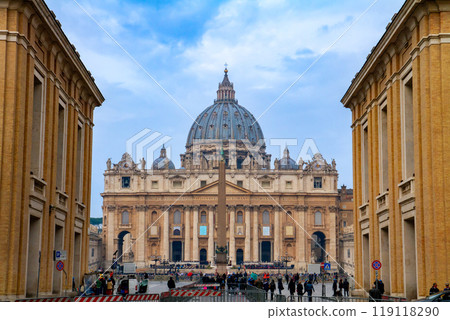 Vatican City, the world's smallest state in Rome, Italy. View from the street in front of St. Peter's Basilica, a World Heritage Site Vatican City, the world's smallest state in Rome, Italy. View from the street in front of St. Peter's Basilica, a World Heritage Site 119118290