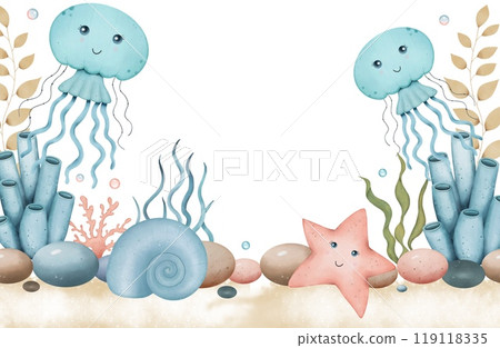 Sea border with a  jellyfish, algae, stones, bubbles, shells. Underwater world. Hand drawn watercolor illustration 119118335