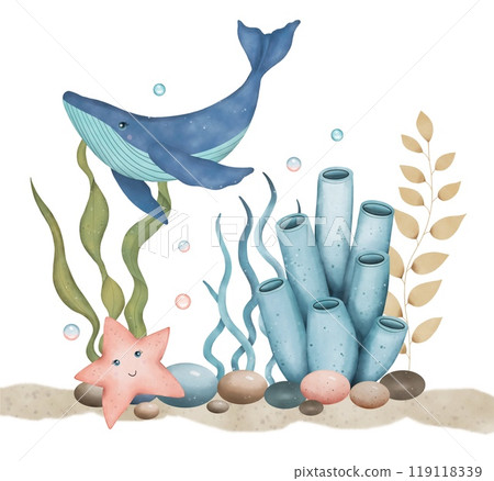 Sea composition with corals, stones, starfish, whale. Underwater world.Watercolor illustration 119118339