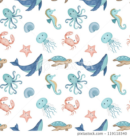 Marine seamless pattern with sea animals, whale, crab, seahorse, turtle, jellyfish. Watercolor illustration 119118340