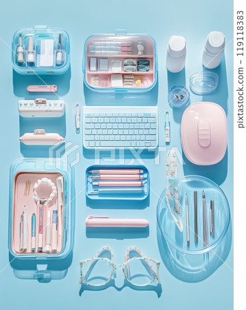 Neatly arranged workspace with pastel blue and pink accessories, featuring keyboard, mouse, pens, and organizational tools on light blue background Neatly arranged workspace with pastel blue and pink accessories, featuring keyboard, mouse, pens, and organizational tools on light blue background 119118383