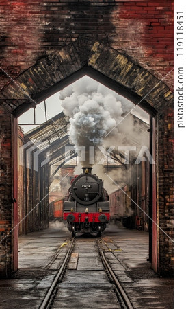 Vintage steam locomotive billowing smoke as it emerges from a brick archway, capturing the nostalgic essence of historic rail travel 119118451