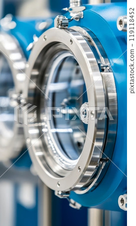 Close up of a blue industrial machine with shiny metal circular components, showcasing precision engineering and advanced manufacturing technology 119118452