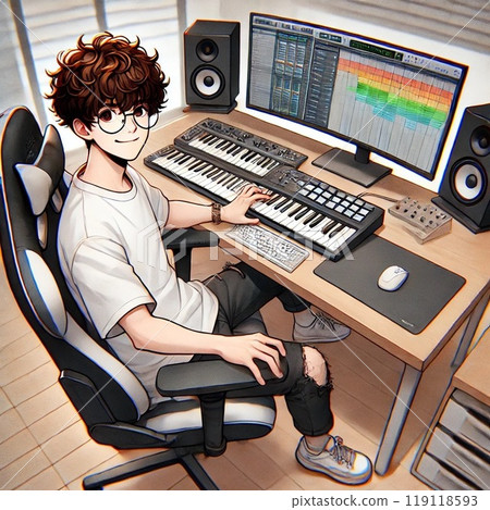 男性音樂製作人「AI生成圖像」的工作場景 119118593