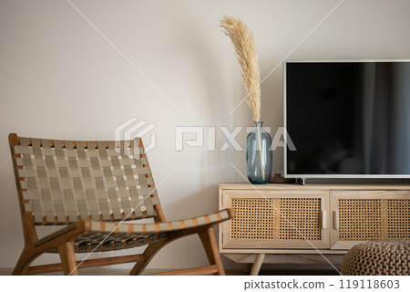 A Modern Scandinavian Living Room Setup Featuring Stylish Decor Elements and Accessories 119118603