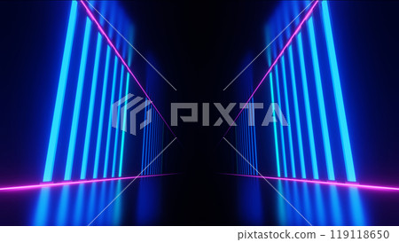 3d Render, Futuristic neon light that reflect on floor through dark background, abstract technology  glowing light. 119118650