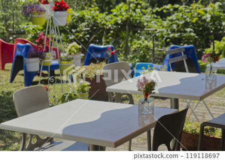 A table in a park under a tree on a cloudy summer day. 119118697