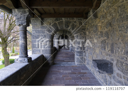 Vintage stately gallery and stone porch with columns Vintage stately gallery and stone porch with columns 119118707