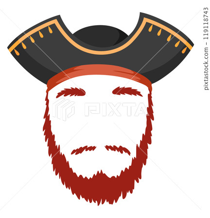 Pirate mask. Cartoon face decoration - hat, beard and mustache. Party accessories, head costume concept. Decoration item for your selfie photo, video chat filter or photo booth 119118743