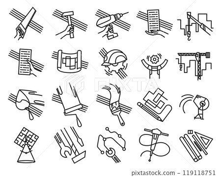 Building line icons set. Symbols in simple coloring style. Industry construction symbol for app design. Vector cartoon illustration 119118751