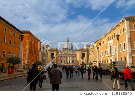 Vatican City, the world's smallest state in Rome, Italy. View from the street in front of St. Peter's Basilica, a World Heritage Site Vatican City, the world's smallest state in Rome, Italy. View from the street in front of St. Peter's Basilica, a World Heritage Site 119118840