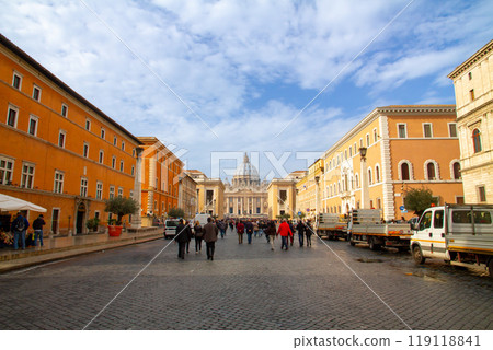 Vatican City, the world's smallest state in Rome, Italy. View from the street in front of St. Peter's Basilica, a World Heritage Site Vatican City, the world's smallest state in Rome, Italy. View from the street in front of St. Peter's Basilica, a World Heritage Site 119118841