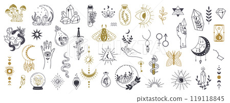 Witchcraft symbols that encompass a variety of mystical elements. Each design reflects themes of nature, magic, and spirituality, perfect for creative projects 119118845