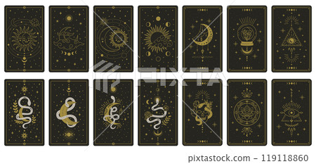 Tarot cards featuring intricate celestial and mystical designs arranged neatly. The cards highlight symbols like the moon, sun, and snakes, perfect for divination 119118860