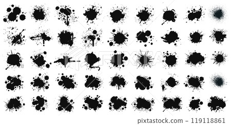 Black ink drops and paint splashes creates a captivating display of grunge textures, perfect for artistic projects and designs 119118861