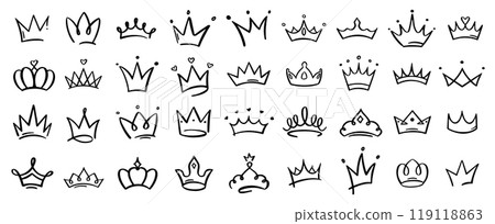 Crown. Hand drawn doodle crowns, including majestic king and queen crowns, each embodying royal elegance and artistic flair Crown. Hand drawn doodle crowns, including majestic king and queen crowns, each embodying royal elegance and artistic flair 119118863