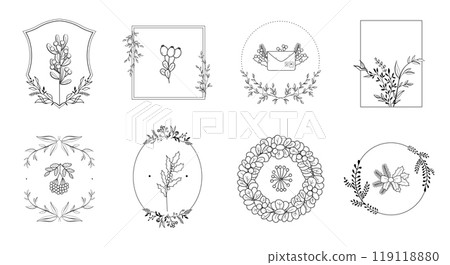 Minimalist frame designs showcase blooming flowers and hand-drawn leaves, perfect for enhancing invitations, cards, and artistic projects 119118880