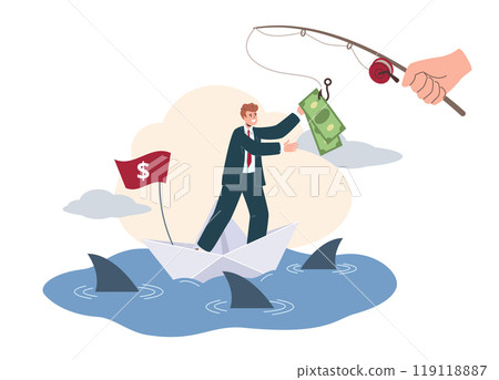 Businessman stands on a paper boat, skillfully balancing money in hand while sharks circle below. His expression conveys focus amidst economic uncertainty 119118887
