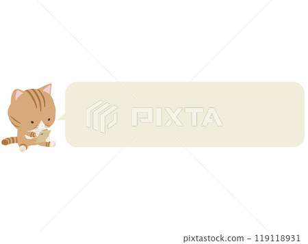Brown tabby cat operating a smartphone. With speech bubble Brown tabby cat operating a smartphone. With speech bubble 119118931