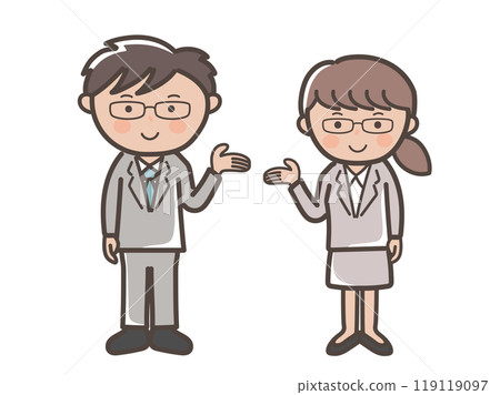 年輕男女商人解釋（指導、介紹）_戴眼鏡的男孩和戴眼鏡的女孩的插圖 119119097