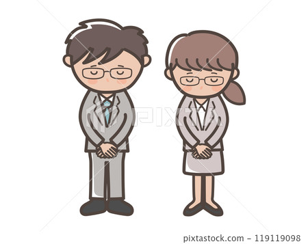 年輕男女商人低頭道歉的插畫_戴眼鏡的男孩和戴眼鏡的女孩 119119098