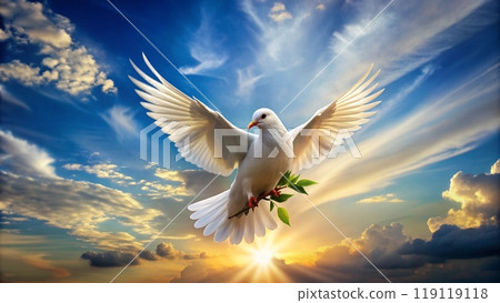 White Dove of Peace with olive tree twig on pastel blue sky background isolated 119119118