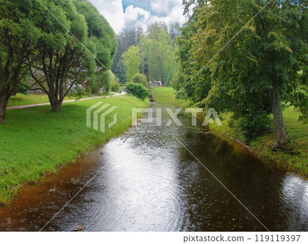 Serene river flowing through lush green park, surrounded by trees under a cloudy sky. Peaceful nature scene. 119119397