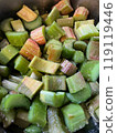 Sliced and sugared rhubarb 119119446