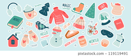Christmas stickers, cute diary journal winter elements with quotes and holiday planner icons Christmas stickers, cute diary journal winter elements with quotes and holiday planner icons 119119491