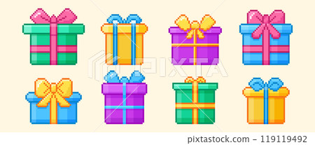 Pixel art happy birthday gift boxes with lids and colorful ribbon bows Pixel art happy birthday gift boxes with lids and colorful ribbon bows 119119492