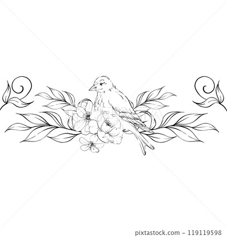 Victorian beard and roses, border. flowers botanical arrangement. Romantic anemone and peony. For greeting cards, wedding, fabric, printing. Graphic vector line, hand drawn, black silhouette 119119598