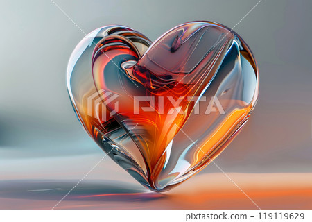 Abstract Glass Heart with Vibrant Swirls of Orange and Red Hues 119119629