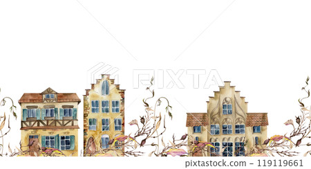 Old European city town street houses facades, dry vines berries. Historical cityscape building. Watercolor hand drawn seamless banner. Tourist shops, souvenirs, travel brochures, architectural bureau 119119661