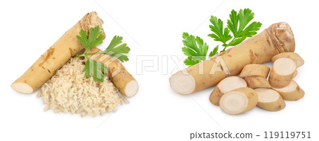 Horseradish root with slices grated pile and parsley isolated on white background 119119751
