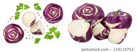 Cabbage kohlrabi isolated on white background closeup. Top view. Flat lay, 119119752