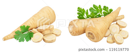 Parsnip root and slices with parsley isolated on white background 119119770