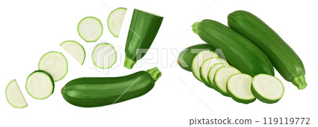 Fresh whole zucchini isolated on white background . Top view with copy space for your text. Flat lay Fresh whole zucchini isolated on white background . Top view with copy space for your text. Flat lay 119119772