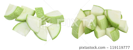 diced zucchini or marrow isolated on white background with full depth of field. Top view. Flat lay 119119777