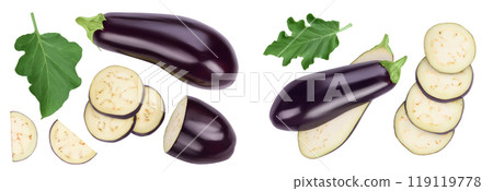 Eggplant or aubergine with slices isolated on white background. Full depth of field. top, view, flat lay 119119778