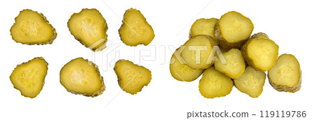 Marinated pickled cucumber slices isolated on white background with full depth of field. Top view. Flat lay 119119786