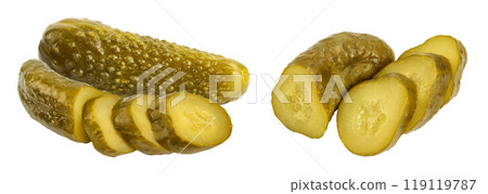 Marinated pickled cucumber isolated on white background with full depth of field 119119787