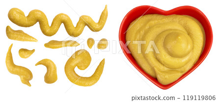 Mustard sauce in ceramic bowl isolated on white background. Top view with copy space for your text. Flat lay 119119806