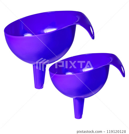 Blue purple plastic funnel isolated on white background. Set of two funnels 119120128