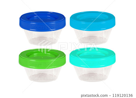 Plastic container set of four for drink food and foodstuffs with plastic cover. Colorful covers on long plastic container cup. Isolated on white background. 119120136
