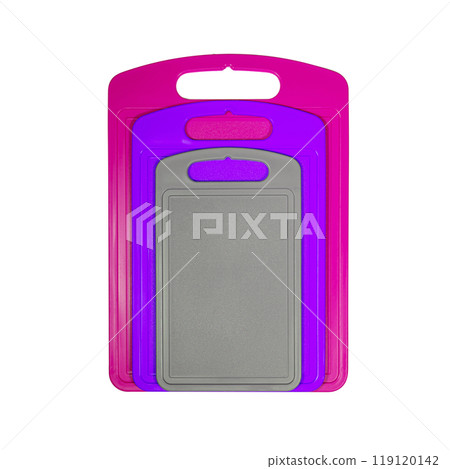 Chopping cutting board set on white background. Cutting boards plastic isolated set of three Chopping cutting board set on white background. Cutting boards plastic isolated set of three 119120142