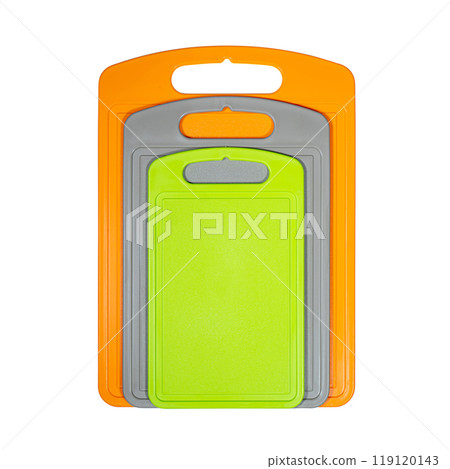 Chopping cutting board set on white background. Cutting boards plastic isolated set of three Chopping cutting board set on white background. Cutting boards plastic isolated set of three 119120143