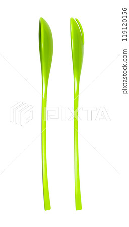 Green fork and spoon isolated on white background. Green colour objects. Eating. Salad set fork and spoon. Kitchenwear. Tablewear. Simplicity. Product design. Comfort. Kitchen utensil 119120156