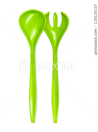 Green fork and spoon isolated on white background. Green colour objects. Eating. Salad set fork and spoon. Kitchenwear. Tablewear. Simplicity. Product design. Comfort. Kitchen utensil Green fork and spoon isolated on white background. Green colour objects. Eating. Salad set fork and spoon. Kitchenwear. Tablewear. Simplicity. Product design. Comfort. Kitchen utensil 119120157