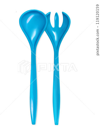 Blue fork and spoon isolated on white background. Blue colour objects. Eating. Salad set fork and spoon. Kitchenwear. Tablewear. Simplicity. Product design. Comfort. Kitchen utensil Blue fork and spoon isolated on white background. Blue colour objects. Eating. Salad set fork and spoon. Kitchenwear. Tablewear. Simplicity. Product design. Comfort. Kitchen utensil 119120159